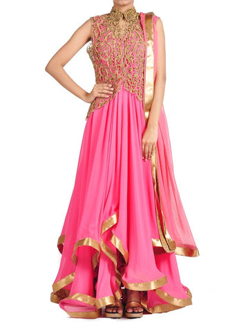Asymmetrical Pink georgette Jacket Suit