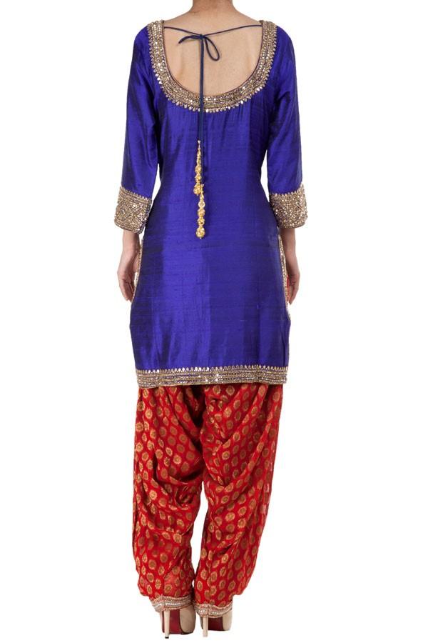 Purple Color Raw Silk Punjabi Short Kurti and Salwar Suit Bollywood Wardrobe
