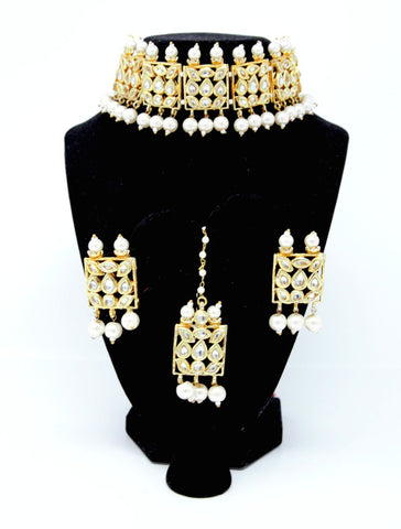 Gold Kundan and Pearl Choker Necklace Set with Maangtikka and Earrings