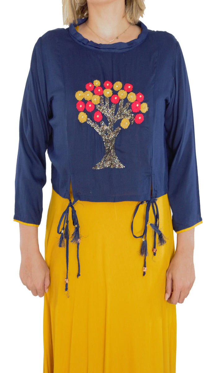 Mustard Color Kurti With Navy Blue Crop Top Bollywood Wardrobe