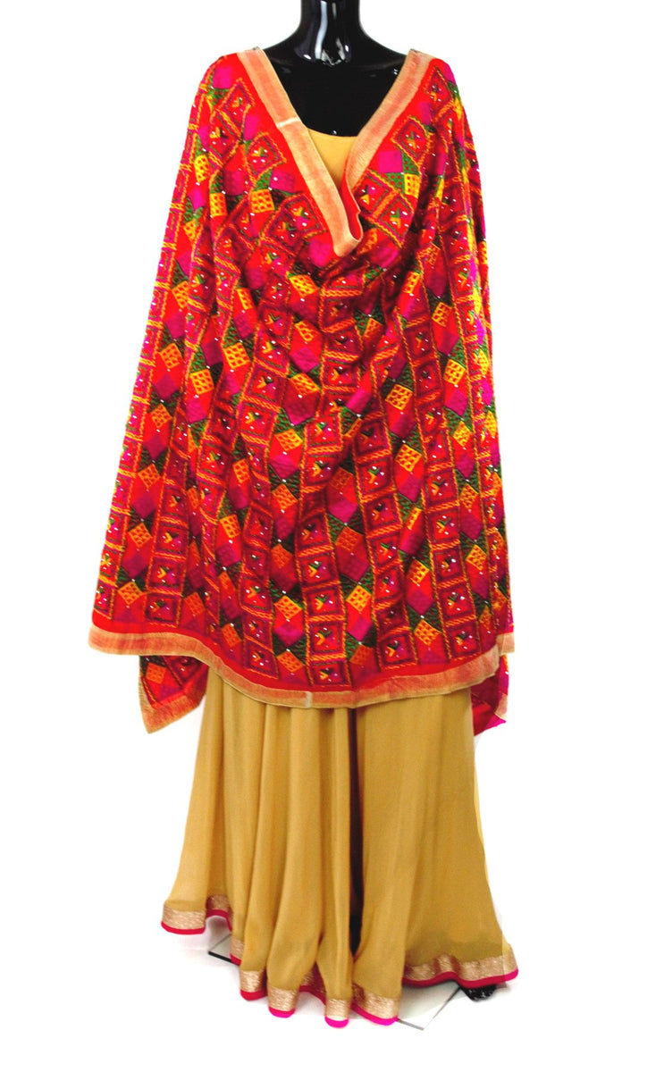 Orange Yellow Pink Phulkari Dupatta Bollywood Wardrobe