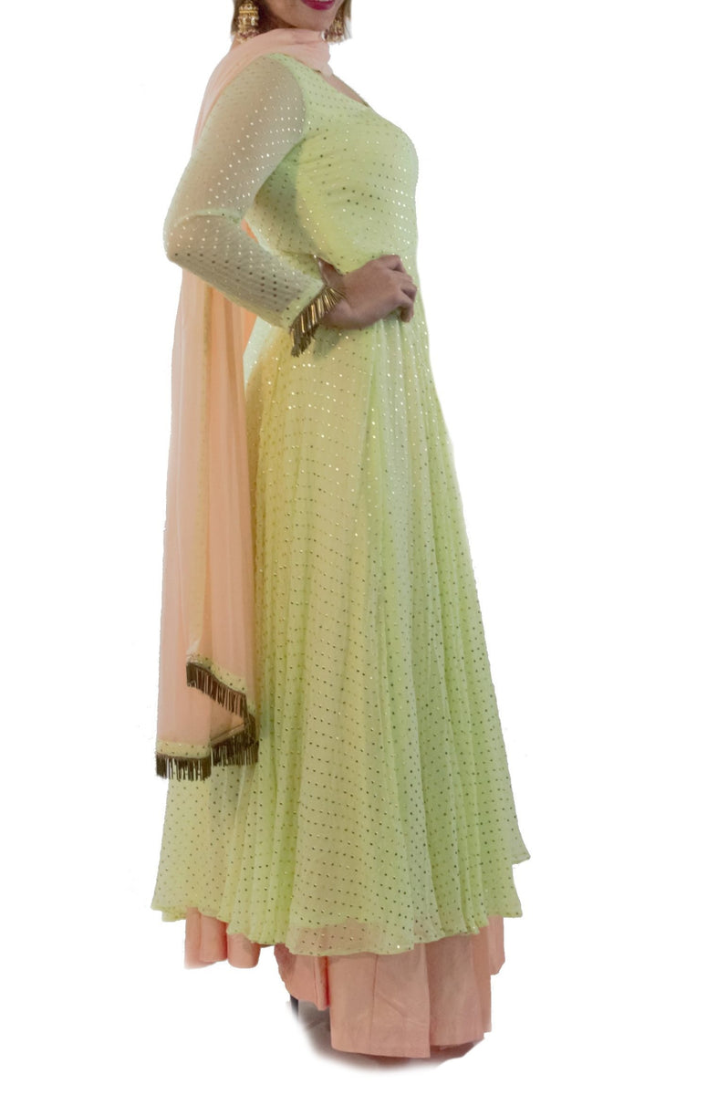 Sea Green Anarkali suit set having Golden Dots with Skirt and Dupatta Bollywood Wardrobe Sea Green Anarkali suit set having Golden Dots with Skirt and Dupatta Bollywood Wardrobe