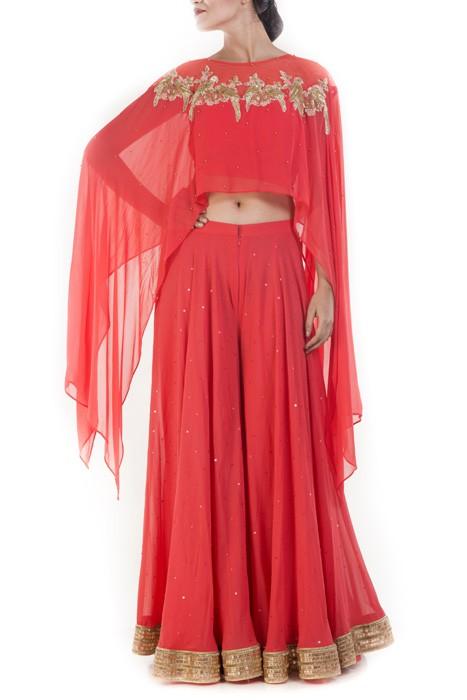 Pink georgette readymade suit with stone & mirror embroidered crop top,  bell sleeve tie-up long shrug & sharara pants