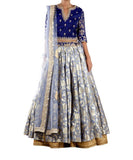 Grey and Navy Blue Banarsi Silk Lehenga Set