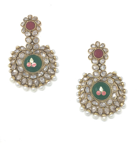 Gold Round Earrings with Red Work