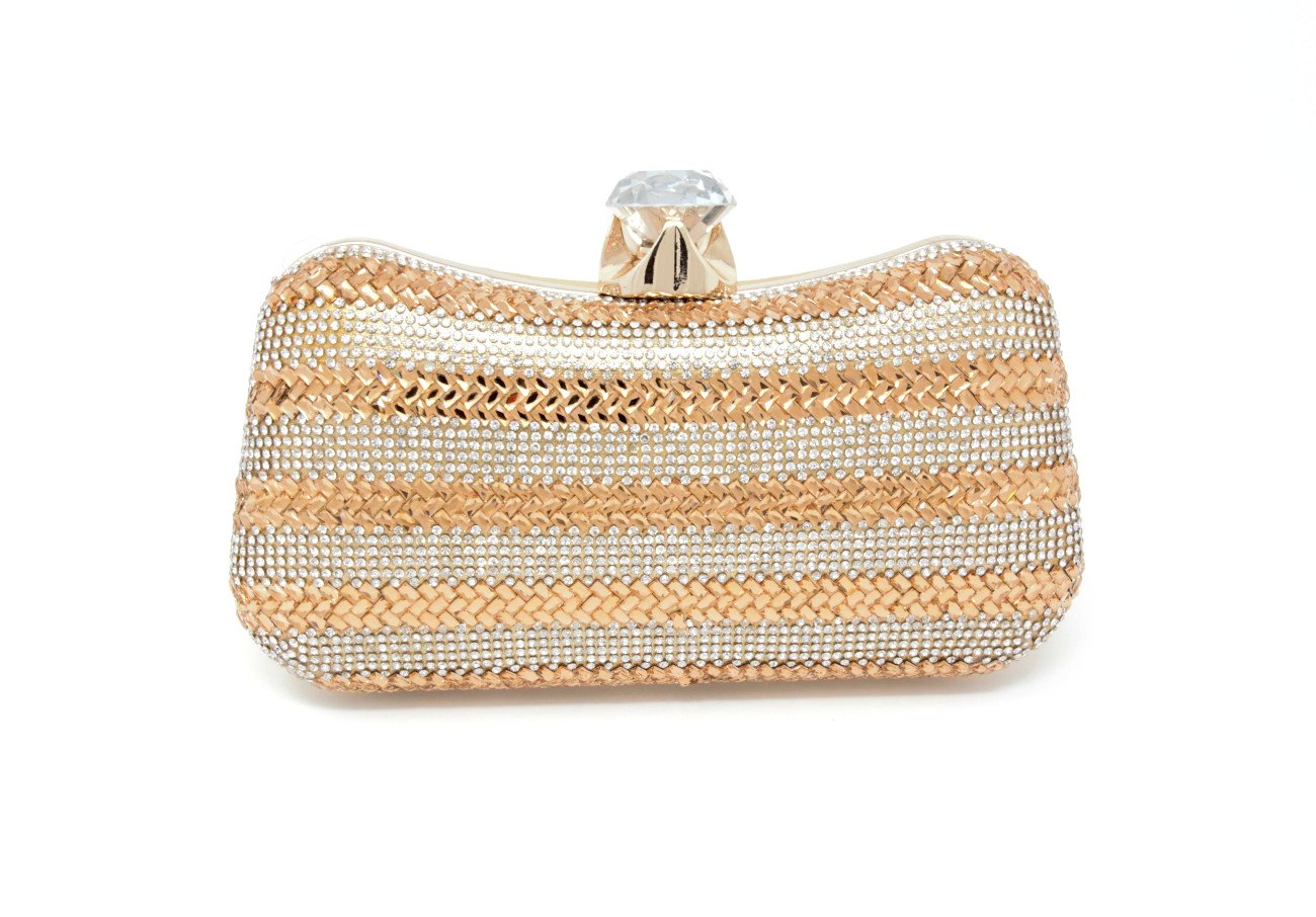 Sparkling Gold & Silver Dual Tone Kohinoor Button Clutch with Handle and Chain