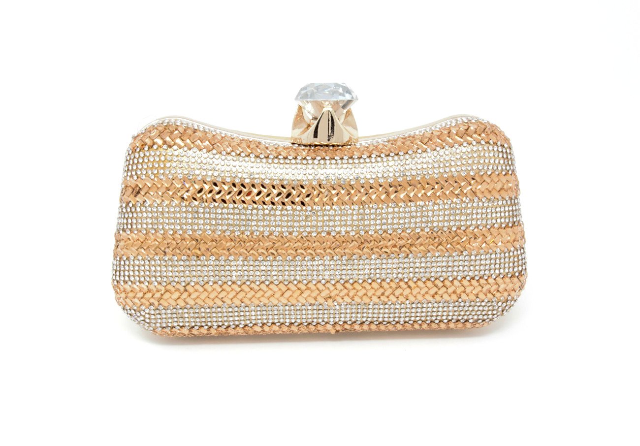 Sparkling Gold & Silver Dual Tone Kohinoor Button Clutch with Handle and Chain