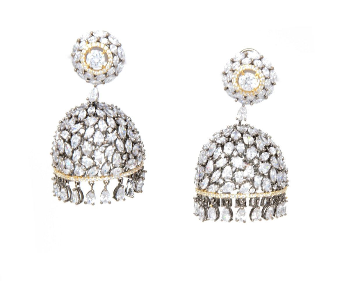 Victorian Style Jhumka Earrings with Embedded White Stones