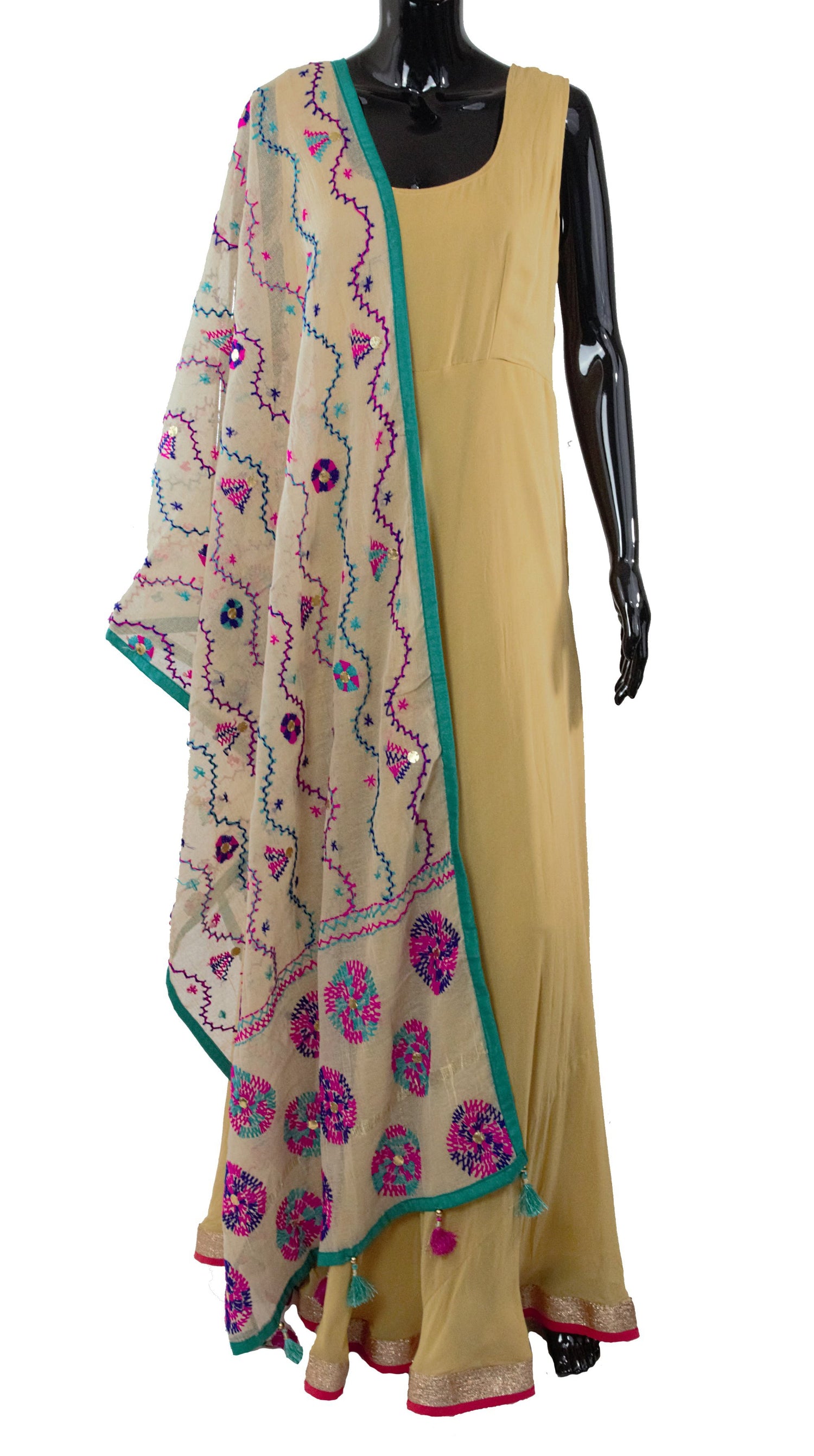 Beige Color Dupatta with Blue And Pink Pattern