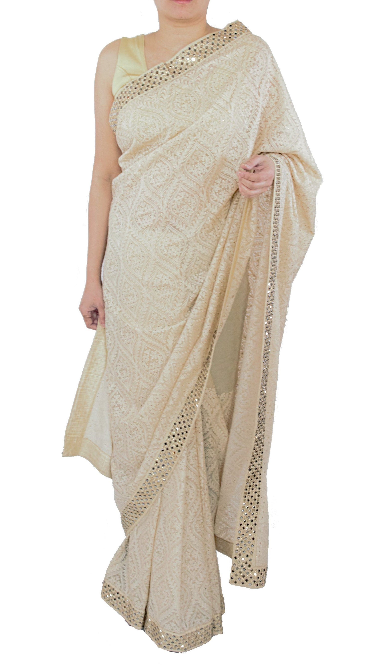 Beige Color Chikankari Saree With Swarovski Crystals Work