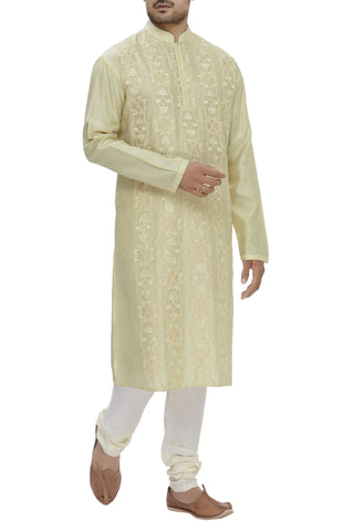 Beige Chanderi Silk Mandarin Collar Embroidered Kurta Set