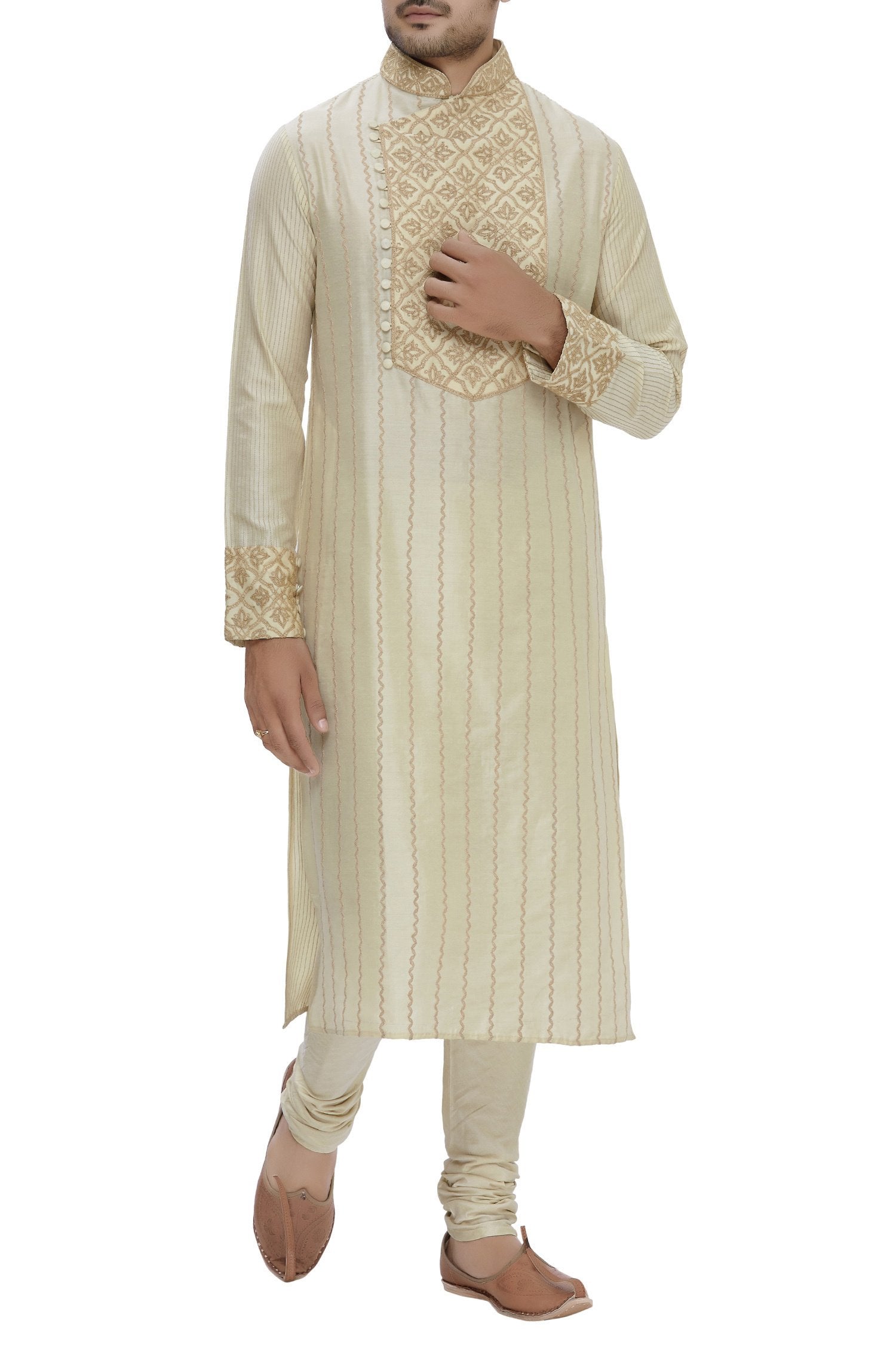 Beige Cotton Silk Embroidered Kurta Set