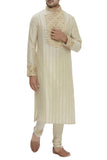 Beige Cotton Silk Embroidered Kurta Set