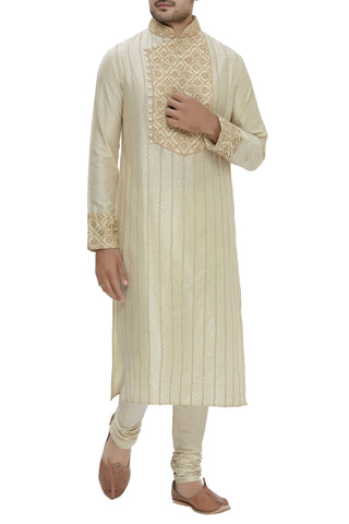 Beige Cotton Silk Embroidered Kurta Set