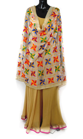 Beige Base Color Phulkari Dupatta Multi-Color Embroidery