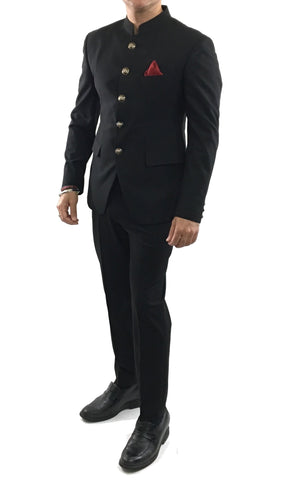 Black Bandhgala Chinese Mandarin Collar Suit