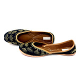 Black Color Punjabi Jutti Shoes With Antique Gold Embroidery