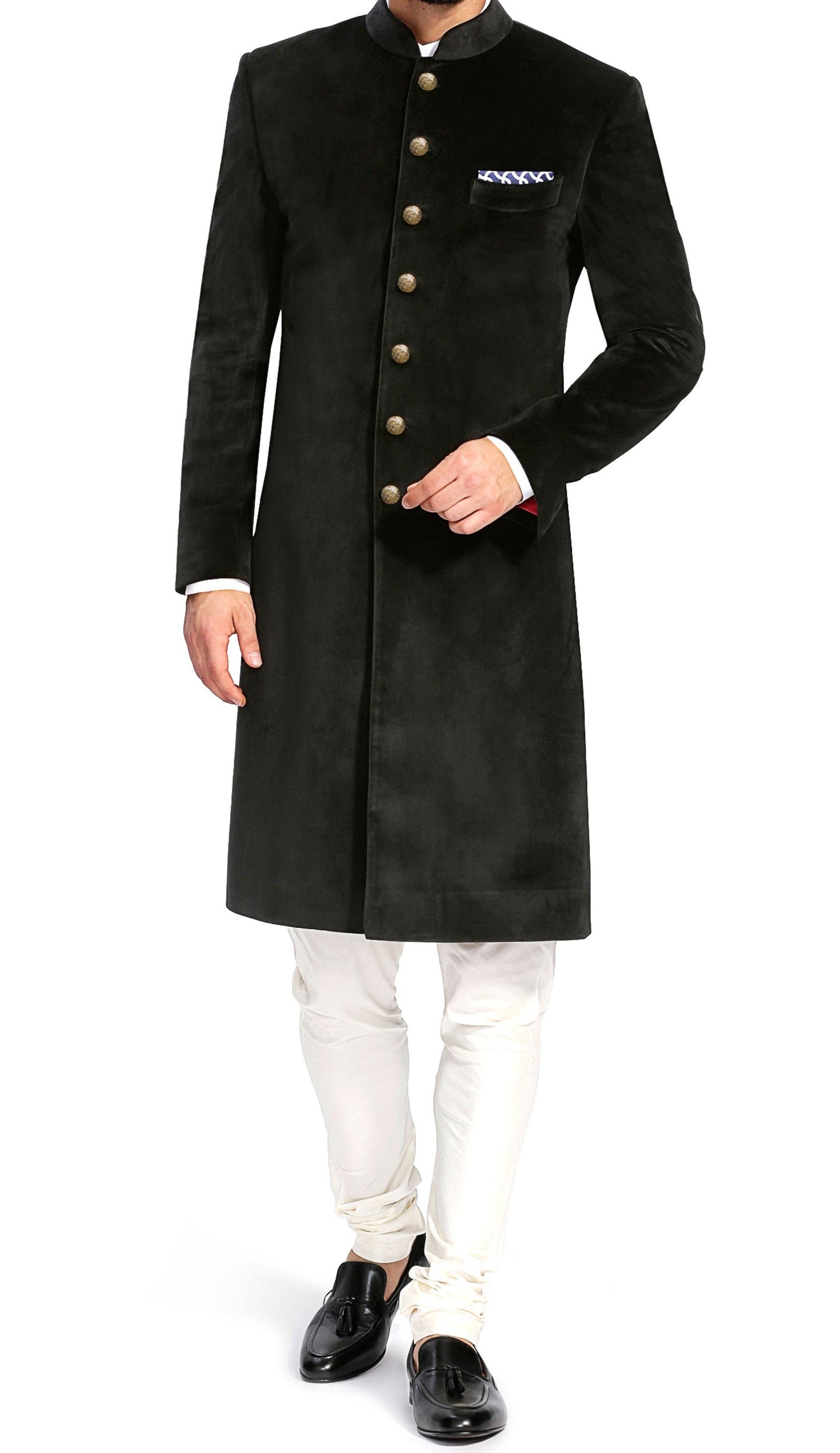 Black Velvet Bandhgala Sherwani Suit With Churidar