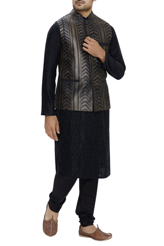 Black Beige Shibori Silk Nehru Jacket Bandhgala Waistcoat Bandi