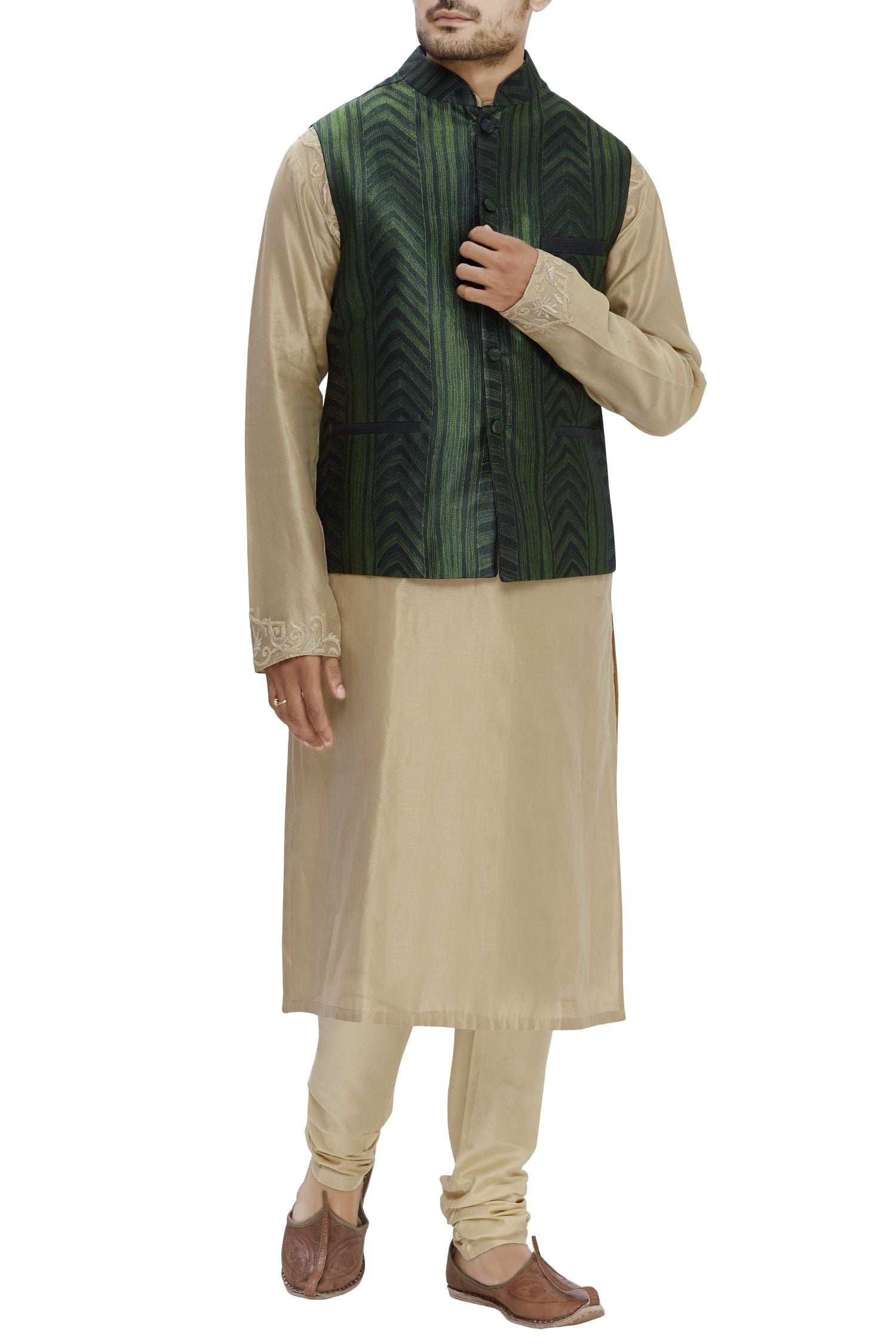 Black Green Shibori Silk Nehru Jacket Bandhgala Waistcoat Bandi