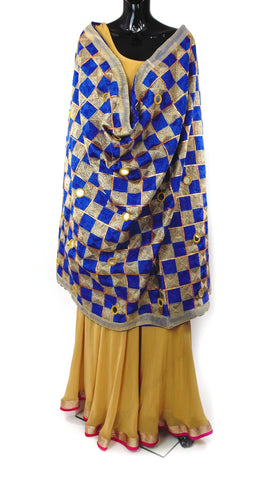 Blue Phulkari Dupatta With Mirror Work