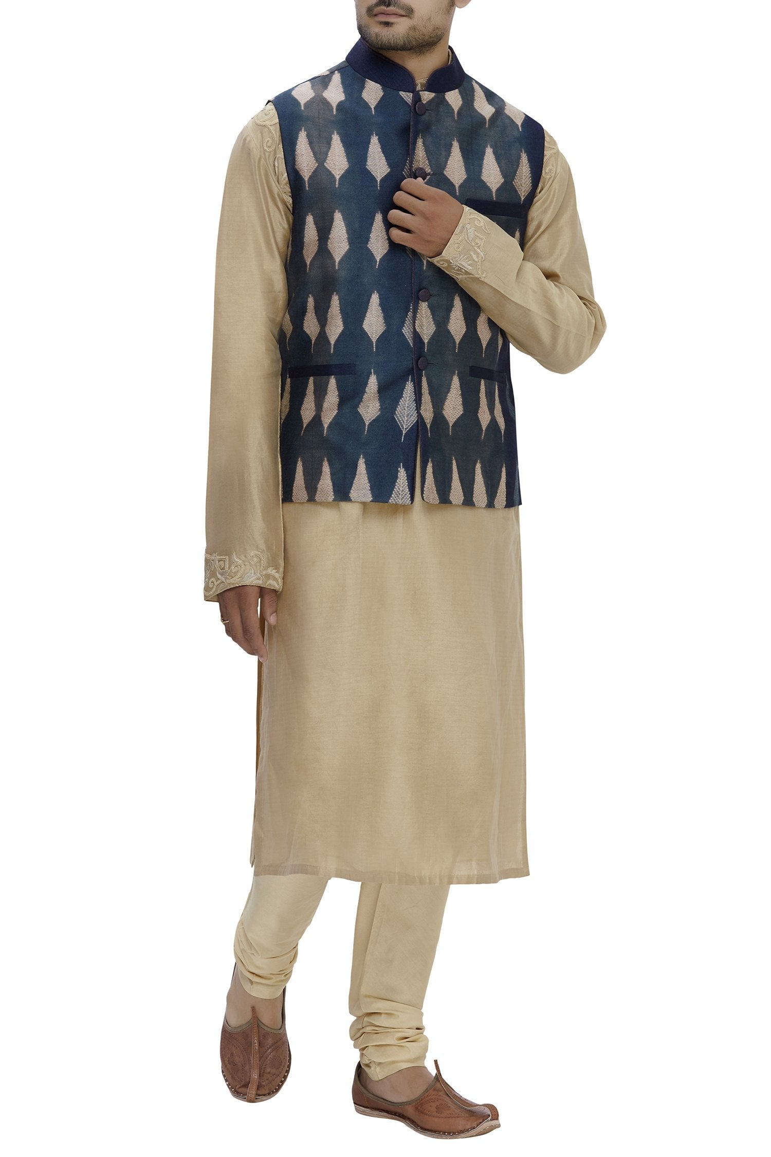 Blue Shibori Silk Nehru Jacket Bandhgala Waistcoat Bandi