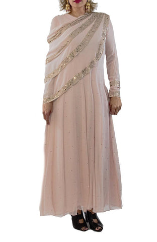 blush pink cape suit set with swarvoski crystals work on gerogette fabric