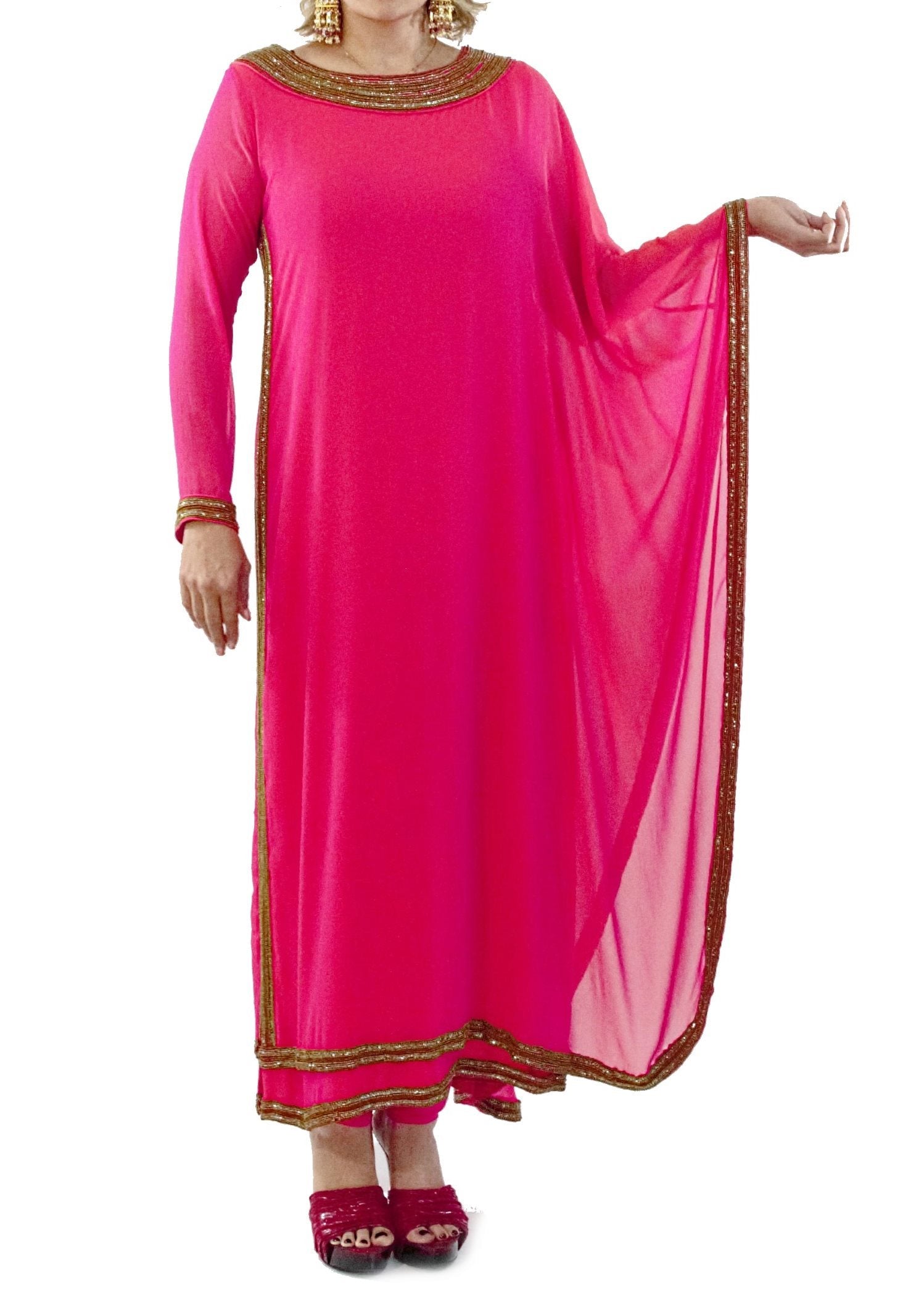 Coral Color Modern Kaftan Style Kurta with Bottom Georgette Fabric
