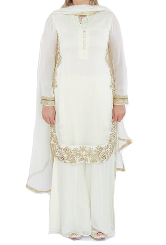 Cream Color Embroidered Suit With Palazzo And Dupatta