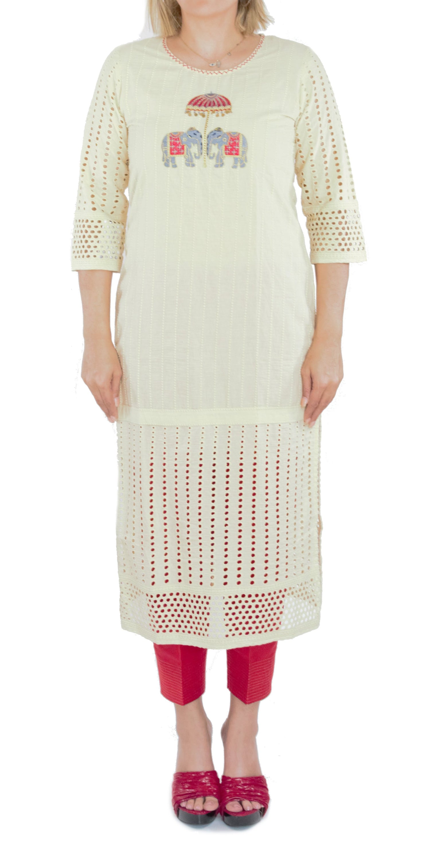 Cream Color Kurti With Royal Elephant Design