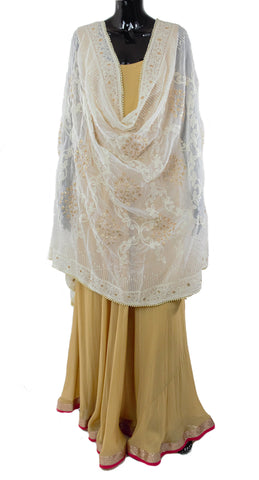 Cream Color Dupatta With Gold Color Floral Work and Pearl Border