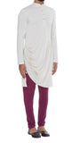 Off White Color Mandarin Collar Drape Kurta With Churidar Pajami