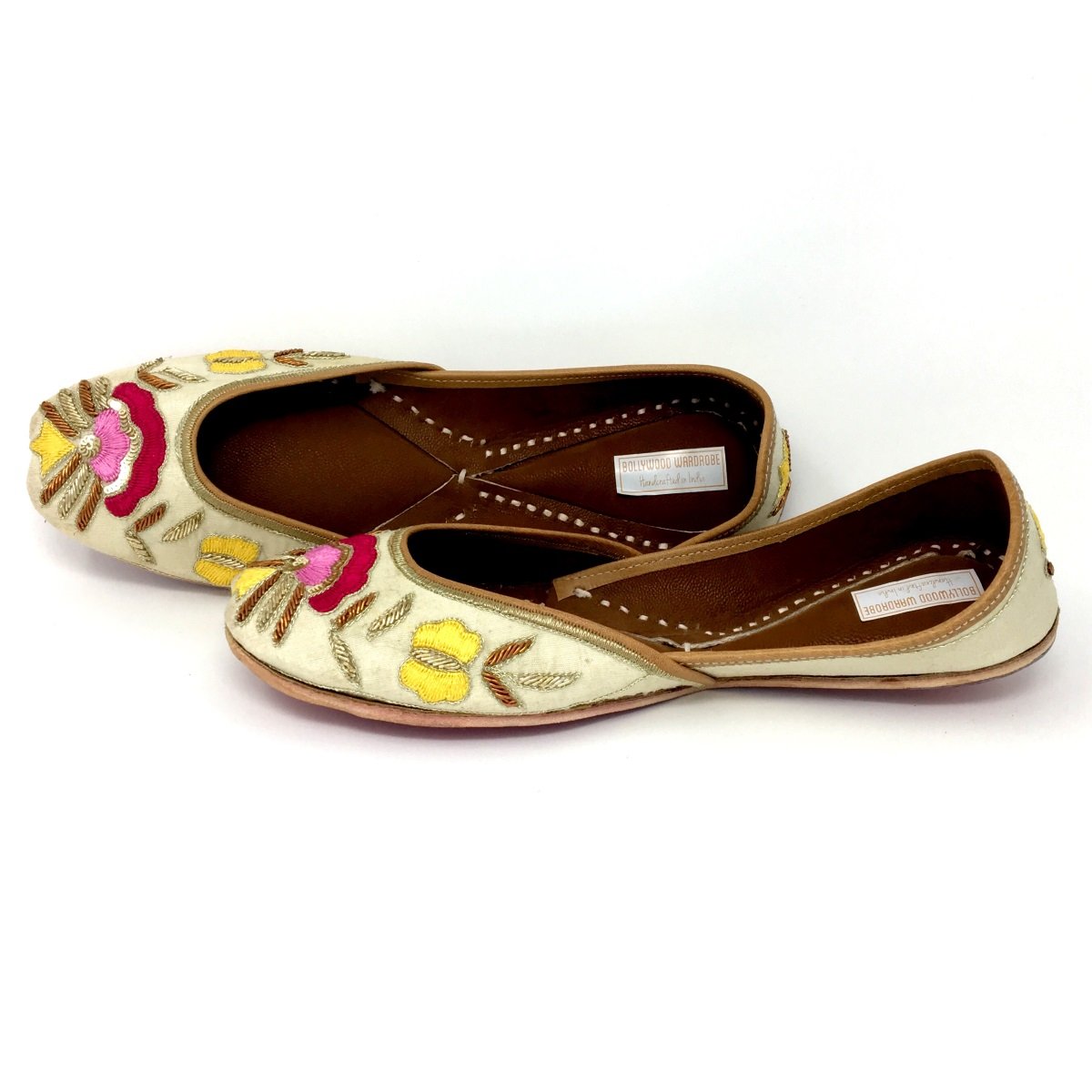 Cream Color Handicraft Punjabi Jutti / Shoes With Colorful Floral Embroidery