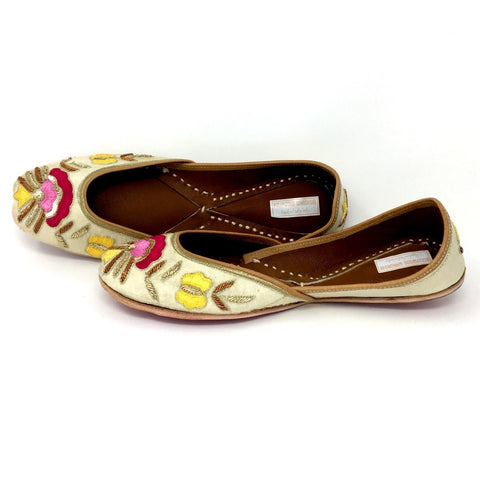 Cream Color Handicraft Punjabi Jutti / Shoes With Colorful Floral Embroidery