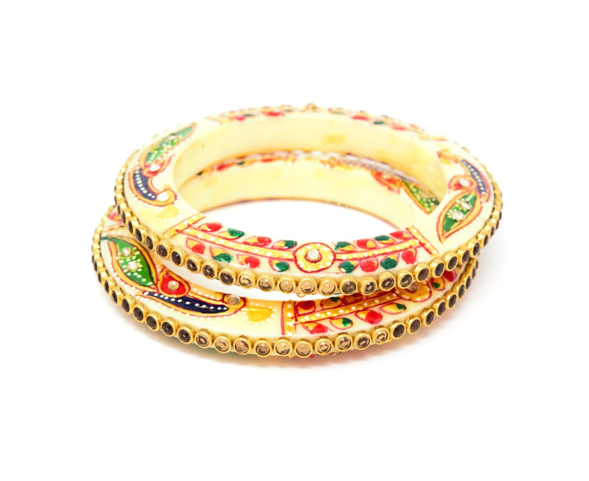 Cream Color Bangles Pair With Peacock Design Painting