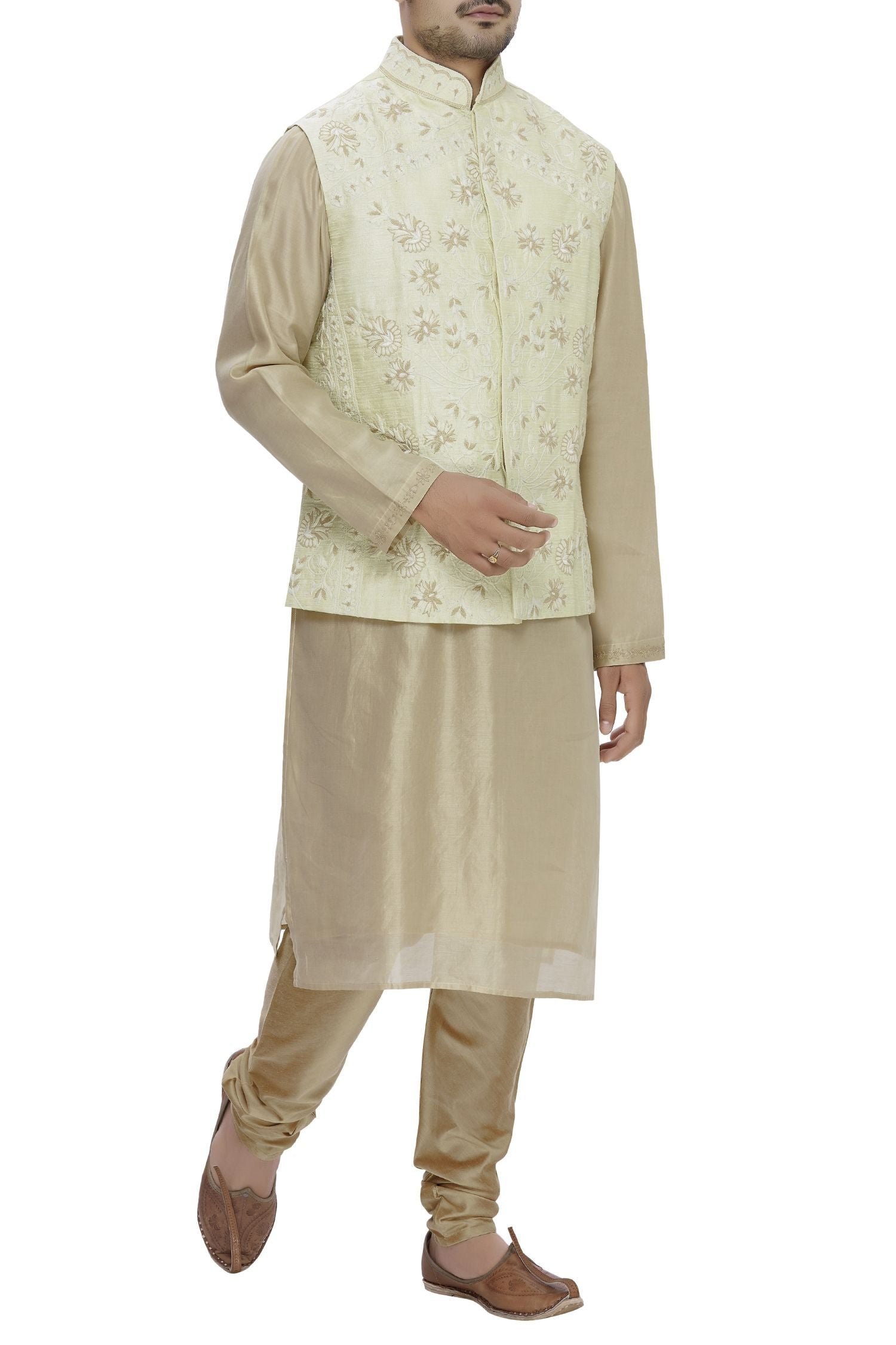 Cream Raw Silk Embrodered Nehru Jacket Bandhgala Waistcoat Bandi