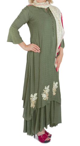 Dark Olive Green Color Embroidered Kurti With Stole