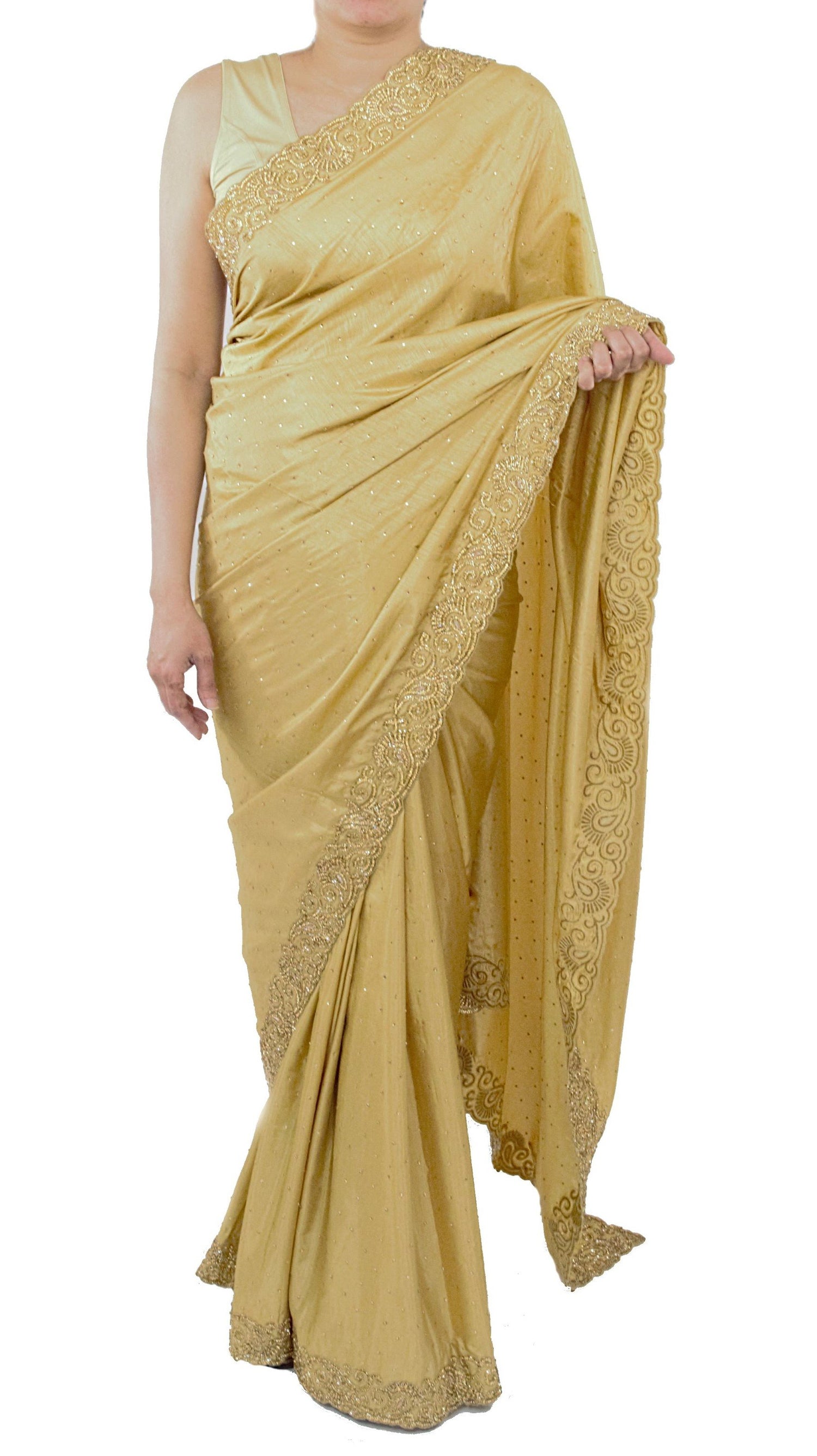 Gold Color Silk Saree with Swarovski Crystals Work