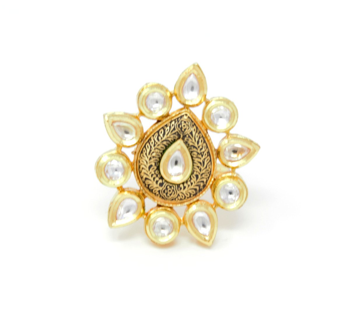 Gold Color Leaf Style Kundan Ring With Black Carving Around Centered Kundan