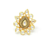 Gold Color Leaf Style Kundan Ring With Black Carving Around Centered Kundan