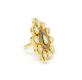 Gold Color Leaf Style Kundan Ring With Black Carving Around Centered Kundan