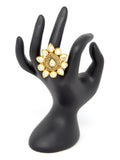 Gold Color Leaf Style Kundan Ring With Black Carving Around Centered Kundan