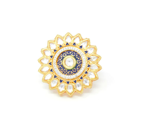 Gold Kundan Ring With Blue Carvings around Centered Embedded Kundan and White Stones