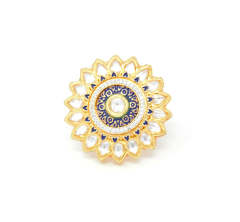Gold Kundan Ring With Blue Carvings around Centered Embedded Kundan and White Stones