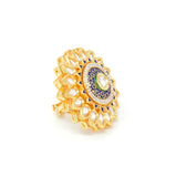 Gold Kundan Ring With Blue Carvings around Centered Embedded Kundan and White Stones