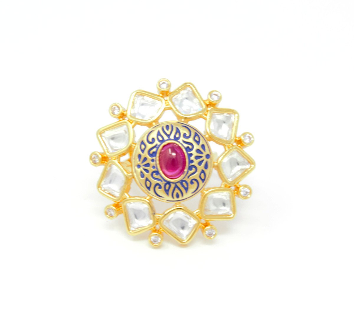 Gold Kundan Ring With Centered Embedded Ruby Color Stone and Blue Carvings