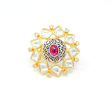 Gold Kundan Ring With Centered Embedded Ruby Color Stone and Blue Carvings