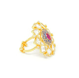Gold Kundan Ring With Centered Embedded Ruby Color Stone and Blue Carvings