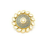 Gold Kundan Ring With Centered Embedded White Stones around Kundan and Blue Carvings