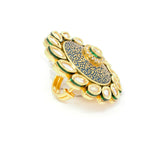Gold Kundan Ring With Centered Embedded White Stones around Kundan and Blue Carvings